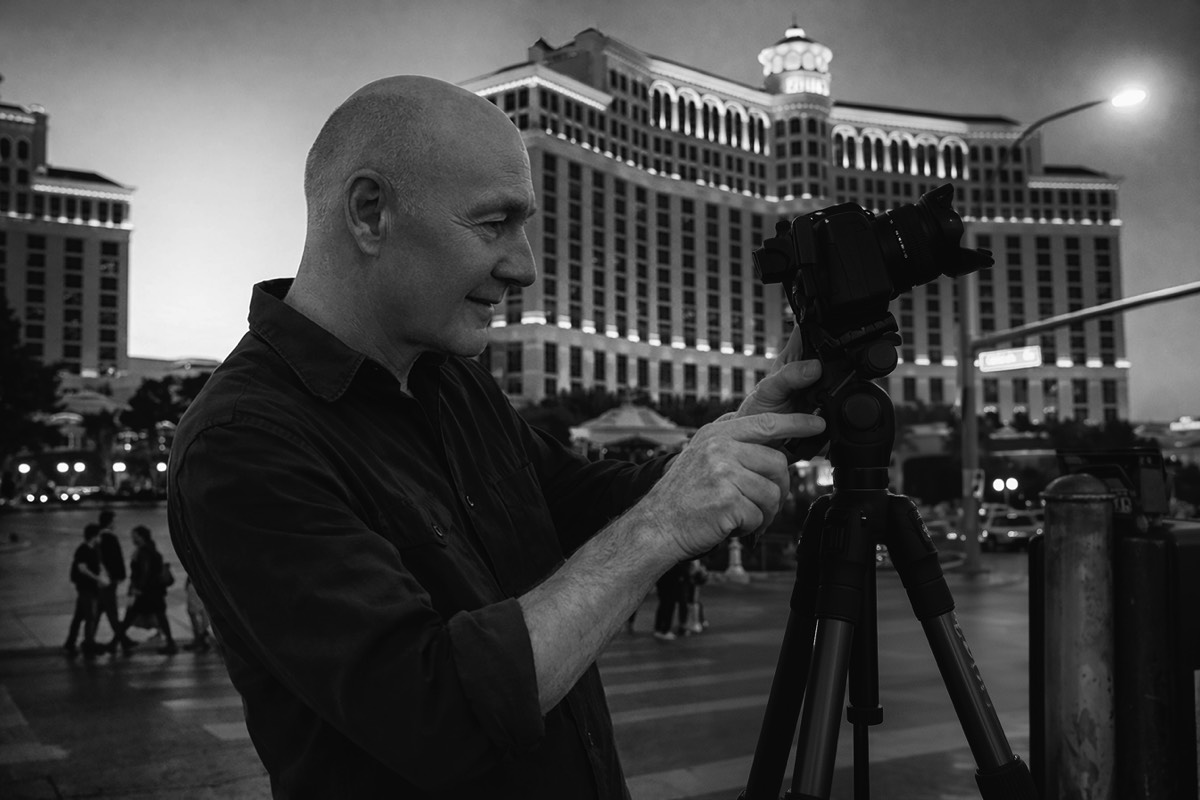 Guido Schulte working with a camera on a tripod in Las Vegas