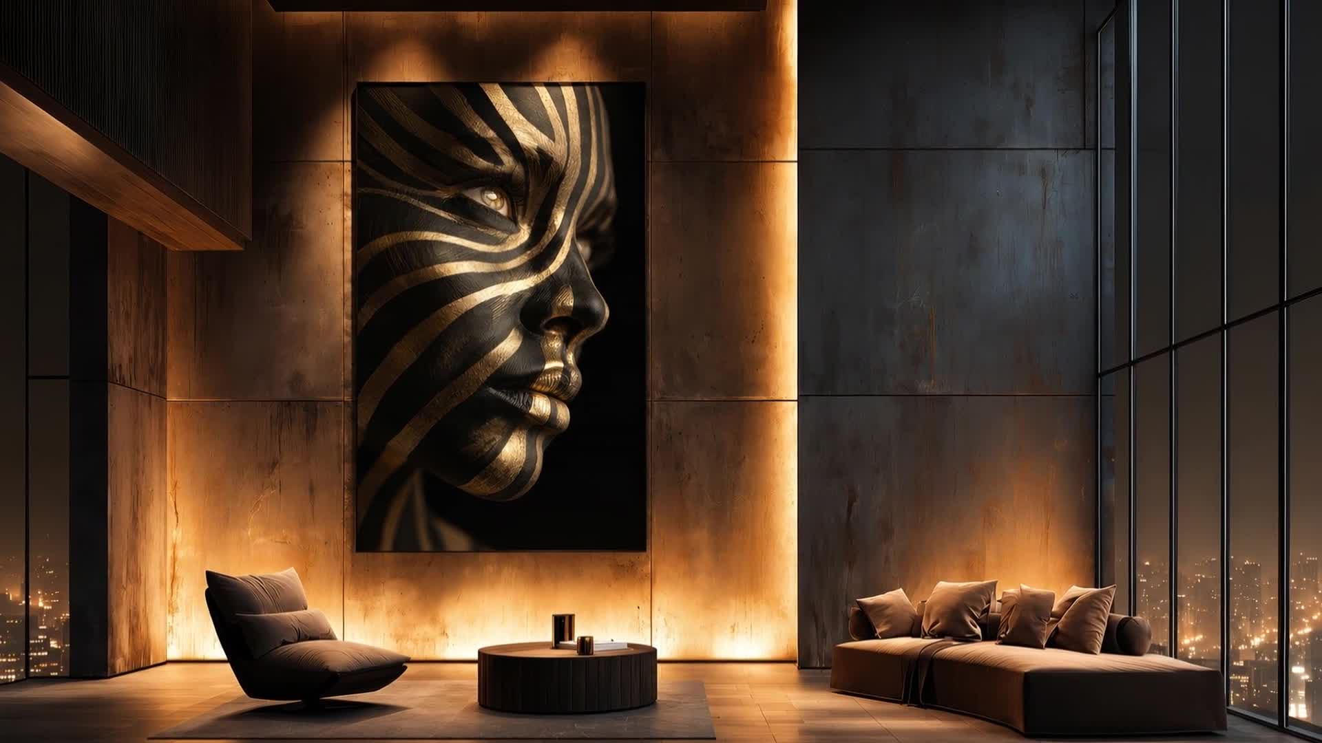 Black and gold portrait artwork displayed in a warmly lit contemporary interior