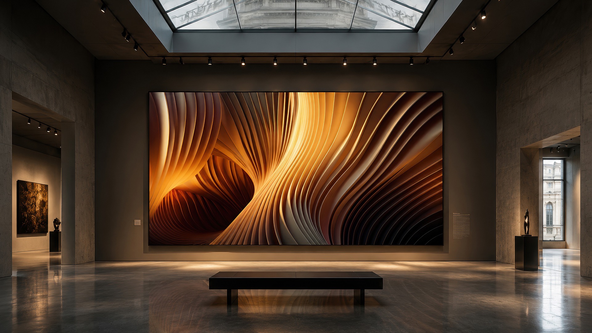 Orange flowing light artwork installed in a gallery interior