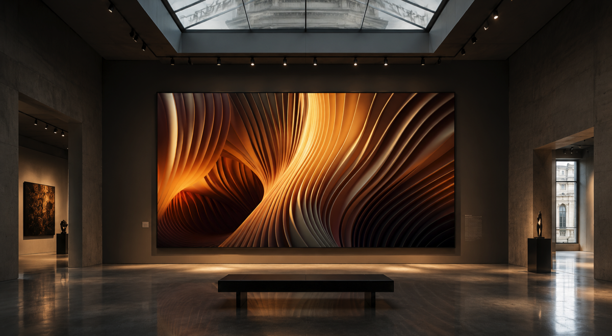 Orange flowing light artwork installed in a gallery interior