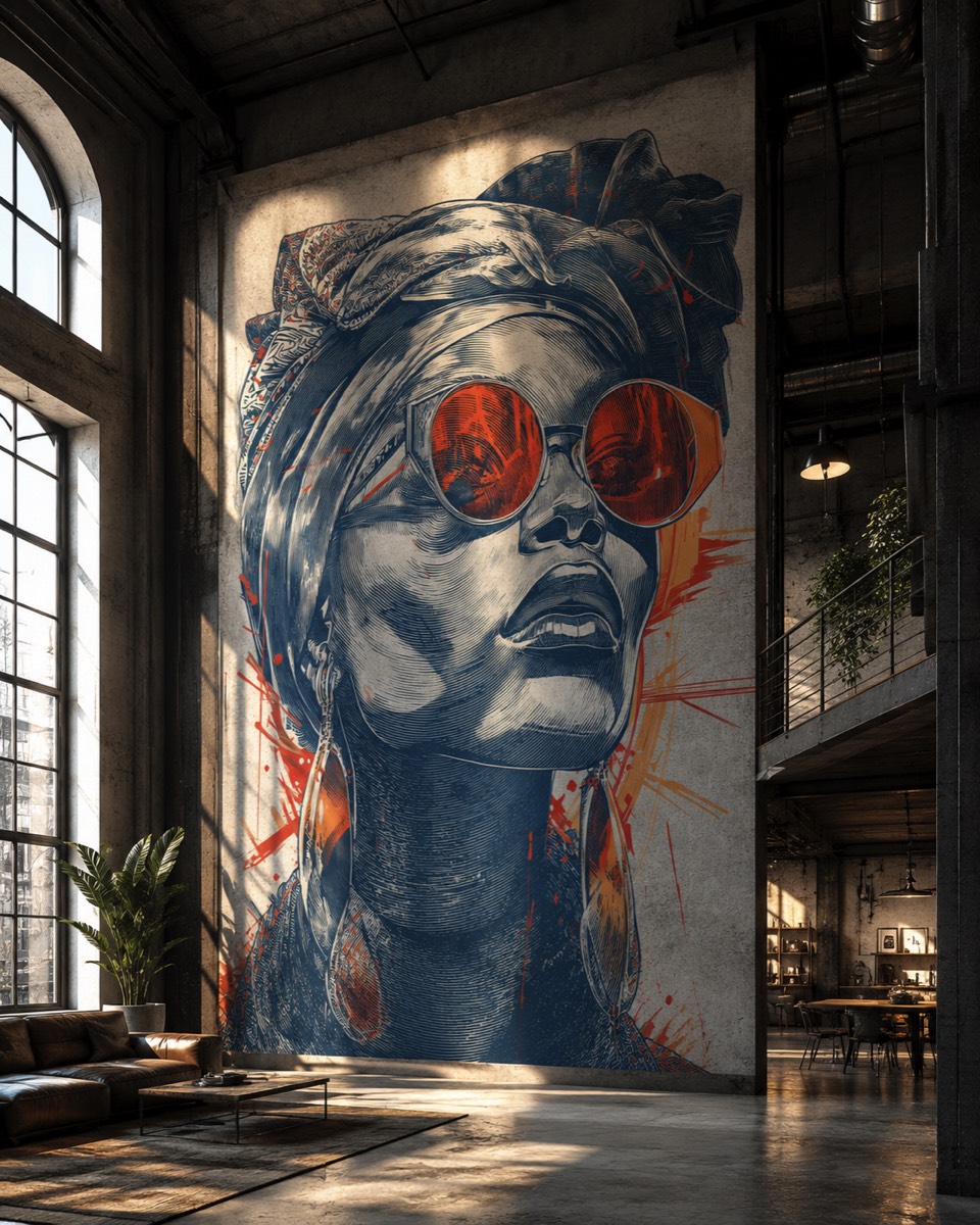 Expressive blue portrait artwork displayed in a loft interior