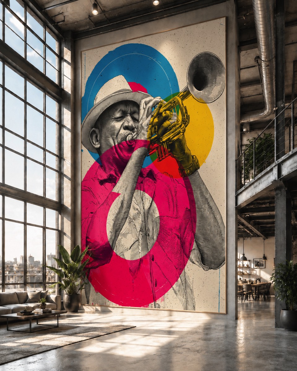 Colorful collage portrait installed as a monumental artwork