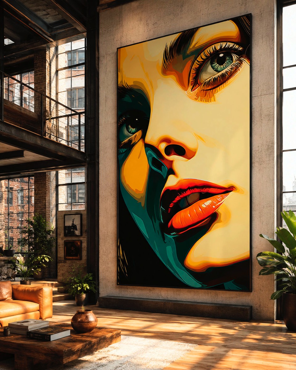 Large colorful female portrait artwork in an industrial loft