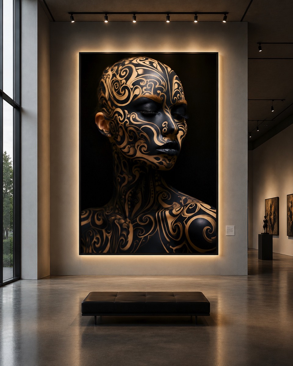 Dark portrait artwork with gold line detail in a gallery