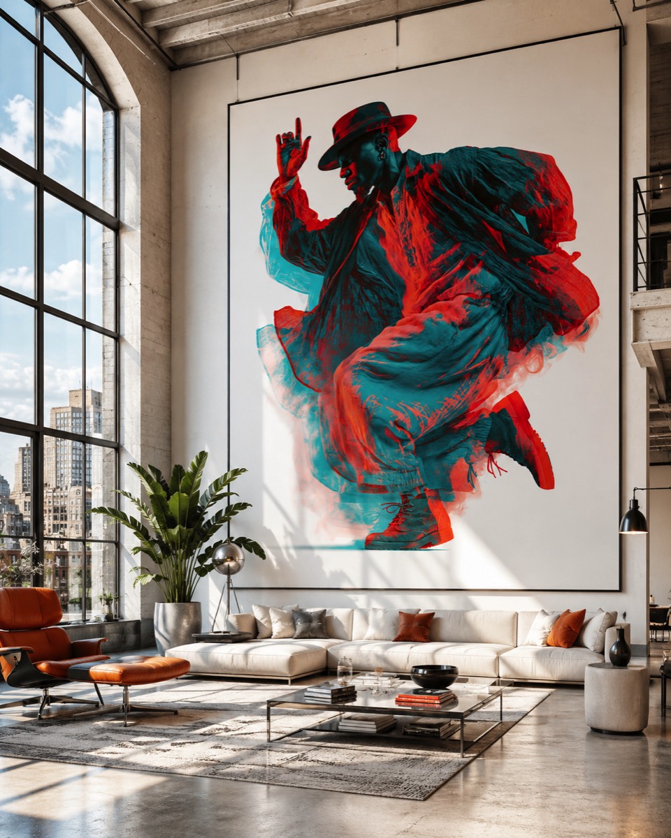 Abstract red and turquoise artwork installed in a loft interior