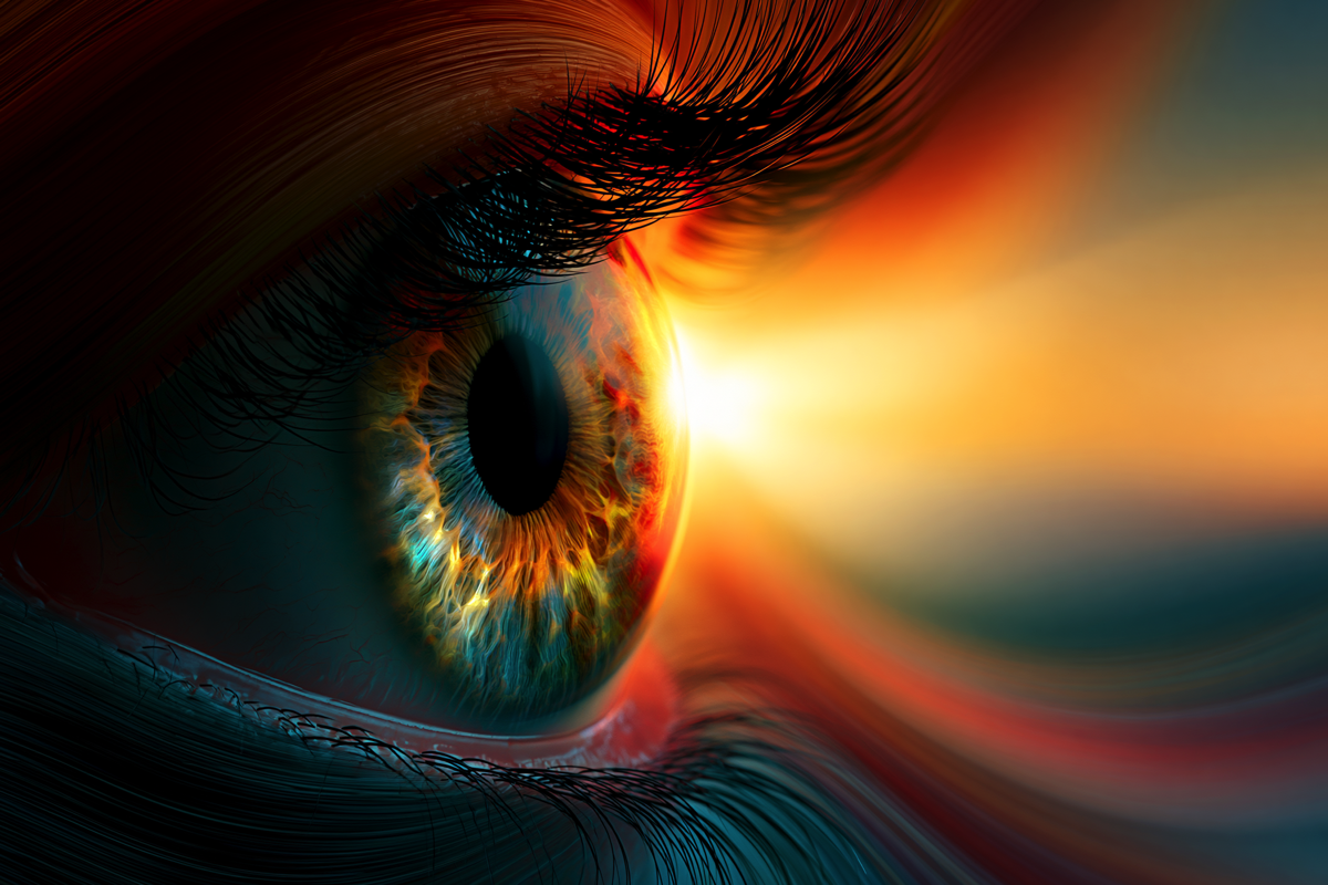 Eye composition with warm light and flowing colour