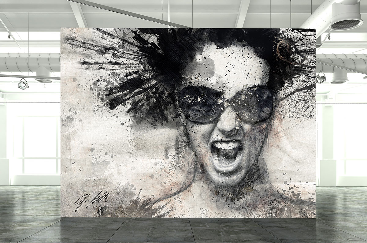 Black and white expressive portrait composition displayed in an interior