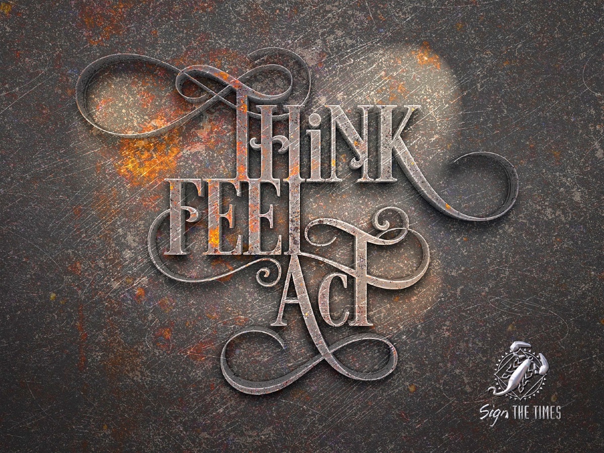 Dimensional Think Feel Act typography on a textured surface