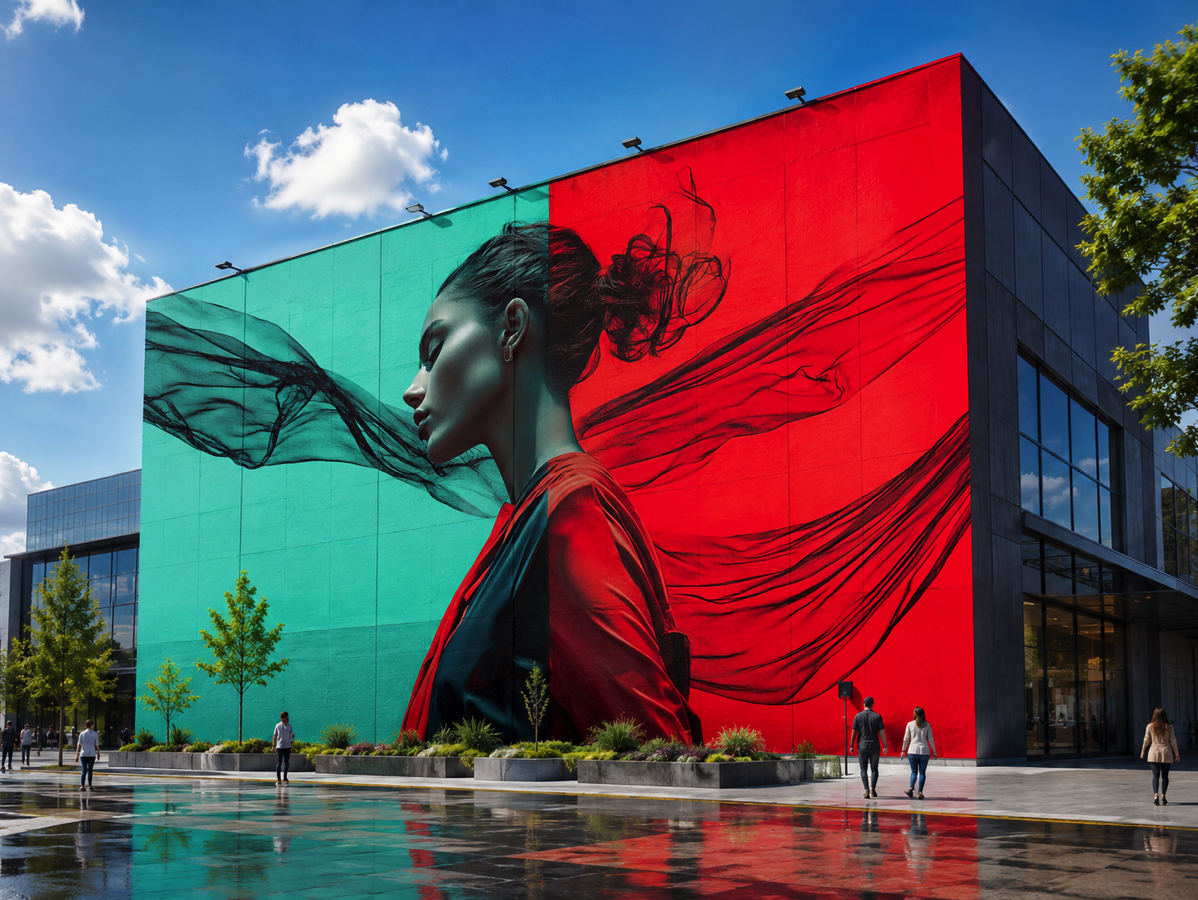 Large portrait composition on a red and turquoise building facade